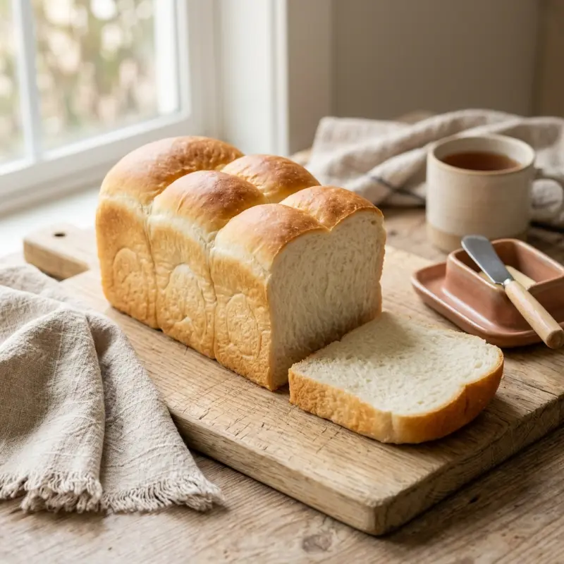 生成り色の角食パンと、白いきめ細かな断面を見せる一枚のスライス。木の板の上に、麻布とともに置かれている。