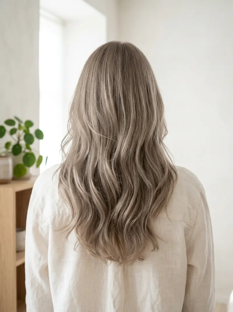 灰みがかったベージュのロングレイヤーを、後ろから見たところ。ゆるやかな波が出ている。